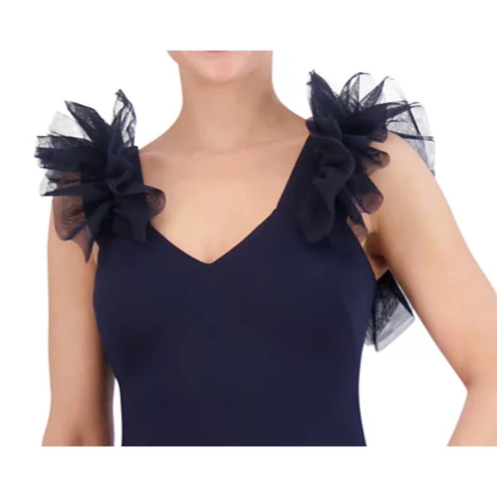 Eliza J Ruffle-Shoulder Scuba Gown Evening Dress, Plus 18W, Navy Blue New $188 - Picture 8 of 8